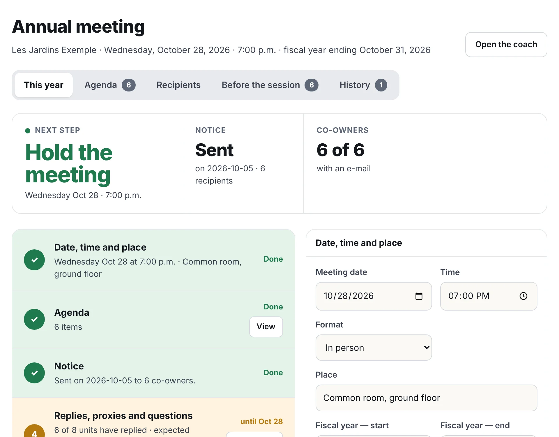 Annual meeting follow-up: notice sent to 6 recipients, 6 of 6 co-owners with an e-mail, steps done and next step “Hold the meeting”