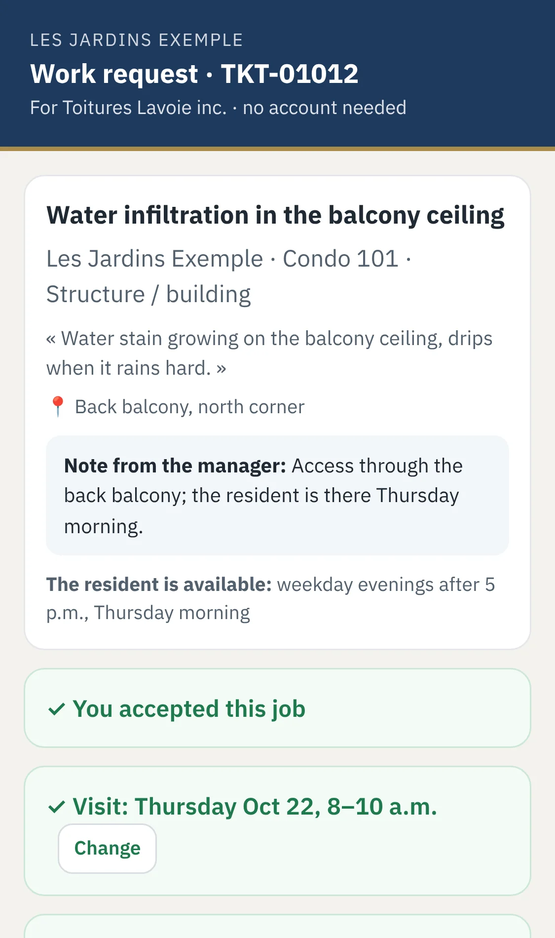 The contractor’s page on a phone: job accepted, visit Thursday Oct 22, 8–10 a.m., $1,450 quote sent, after-work photos