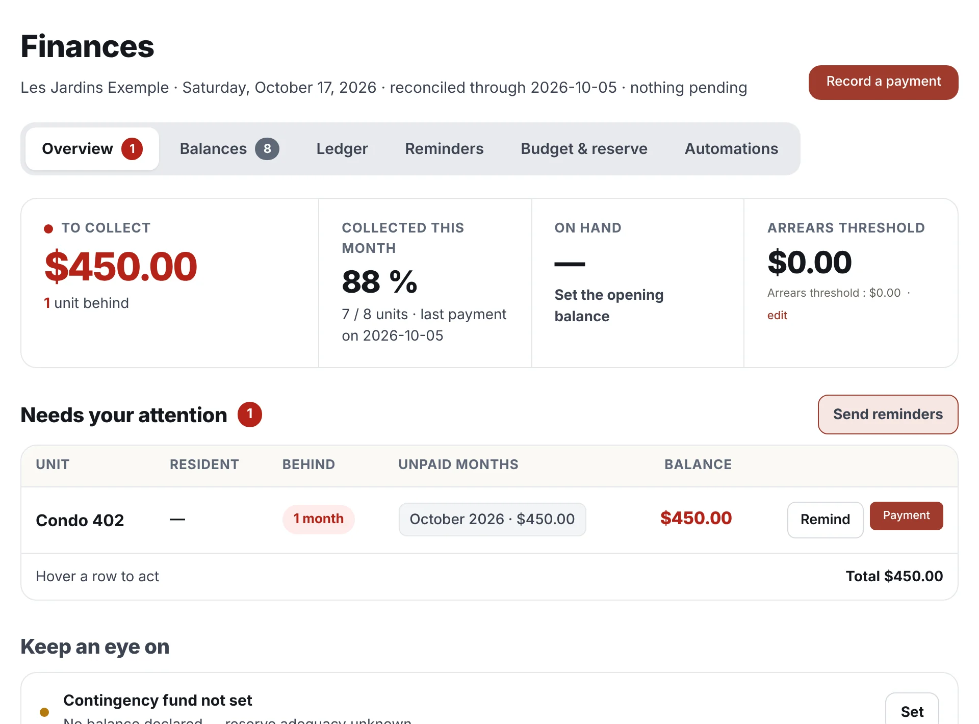 Immevia’s Finances: $450 to collect, 88 % collected this month (7 of 8 units), one unit behind with the Remind and Payment buttons