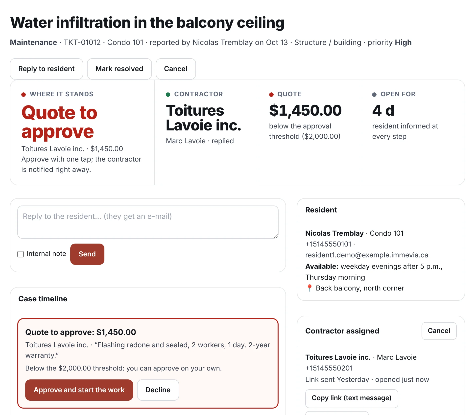 A maintenance request page with a quote to approve
